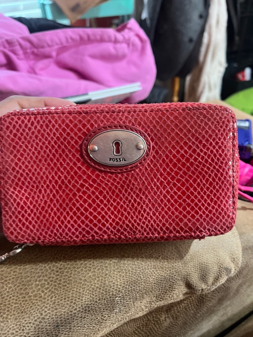 Fossil Red Snakeskin Embossed Leather Zip Around Wallet Clutch w/ Key Charm